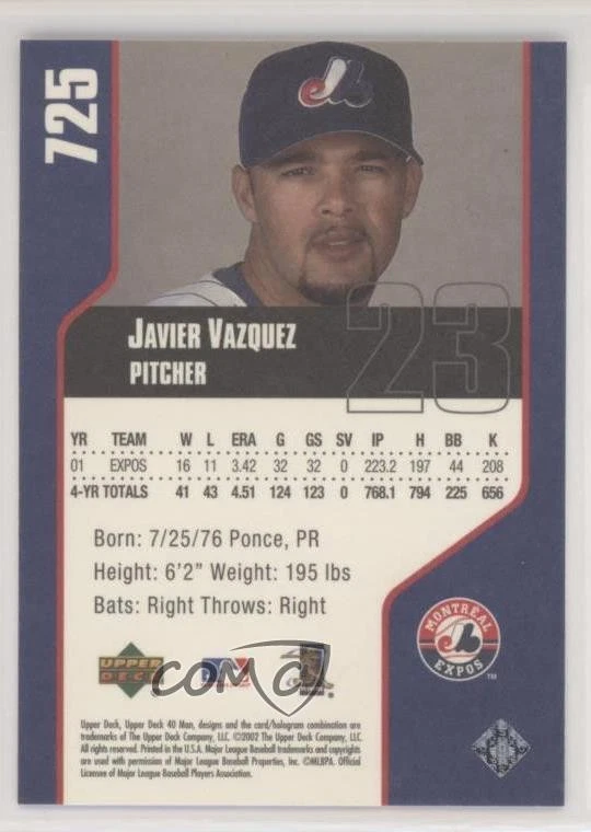 2002 Upper Deck 40 Man Javier Vazquez #725 - Image 2 of 2