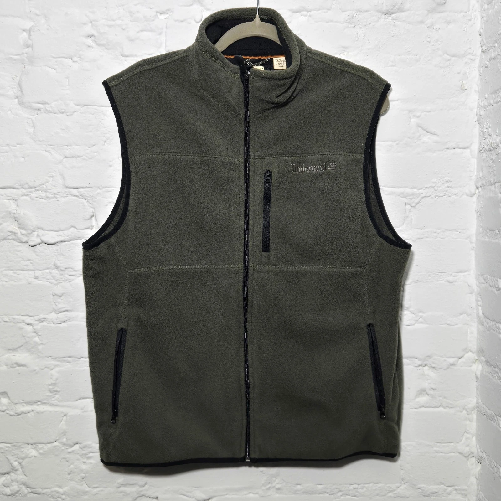 TIMBERLAND Fleece Vest Mens Medium Olive Green Full Zip Pockets Outdoor Layer M