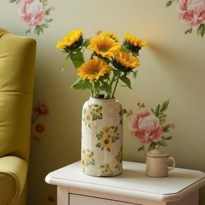 Vintage Ceramic Vase, 10.6 Inch Chinoiserie Sunflower Large