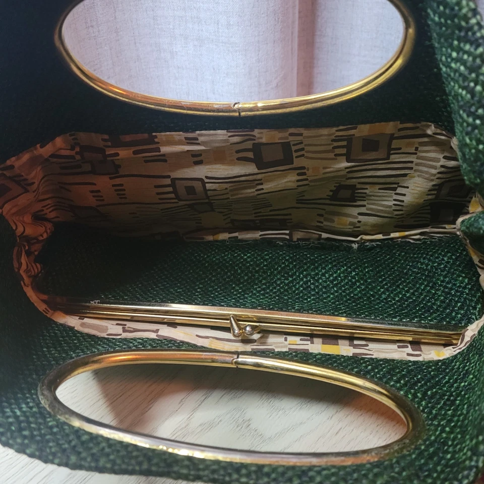 1960s Mod Clutch Purse Dark Green Tweed Vintage Architectural Style - Image 4 of 4