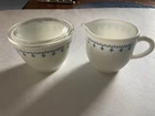 Vintage Pyrex Corning Blue Snowflake Garland Creamer And Sugar Bowl with Lid.