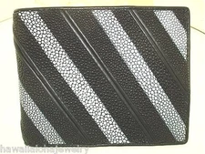 100% GENUINE BLACK STINGRAY SKIN BLACK COWHIDE LEATHER MEN'S BI-FOLD WALLET #3