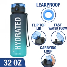32oz Water Bottle with Time Marker Leakproof BPA Free Gym Travel Wide Mouth Lid