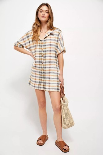 Free People Plaid FELICITY Romper Size XS Button Front Roll Tab Sleeve Casual - Picture 3 of 15