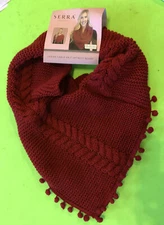 ‘SERRA’ LADIES CABLE KNIT INFINITY SCARF WITH POM POM DETAIL DARK RED OS NWT!