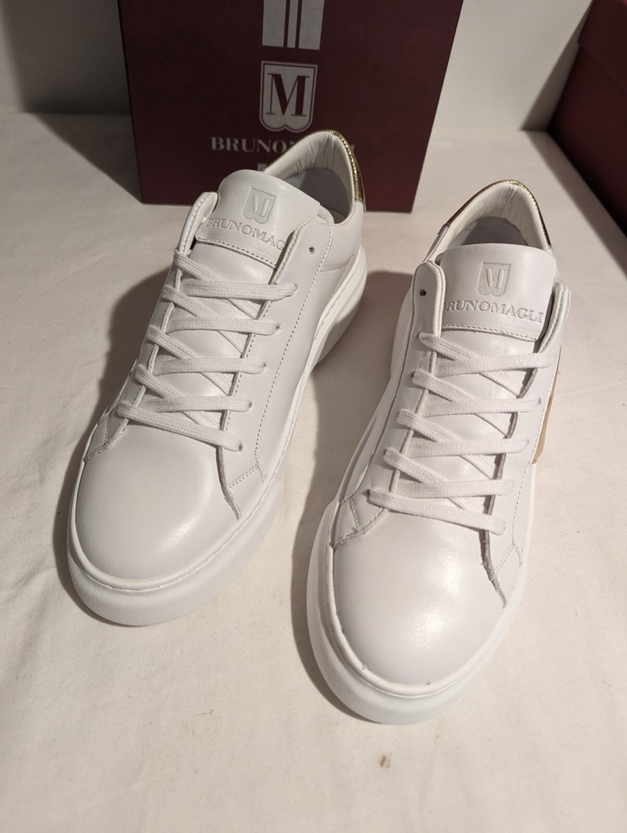 NEW Bruno Magli Kali White & Gold Lace up Sneaker Shoes US