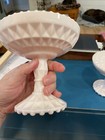 Vintage Jeannette Windsor Pink Milk Glass Pedestal Compote Dish Beaded Rim x 2 — photo 7
