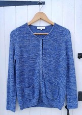 SANDRO DAMEN BLAU LEINEN & BAUMWOLLE STRICKJACKE - SCHAFFELLBESATZ - GRÖSSE 1/ UK 8