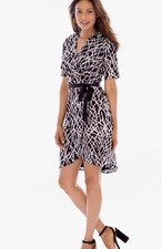 Adrianna Papell Black White Geo Printed Waist Tie Faux Wrap Dress Sz 10
