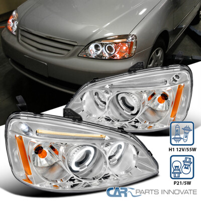 Fits 2001-2003 Honda Civic Halo Projector Headlights LED Strip Head Lamps L+R