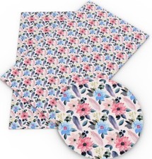 Flowers FAUX LEATHER SHEET 8.75" X 12" 1095226 Feather Pink Blue LITCHI TEXTURE