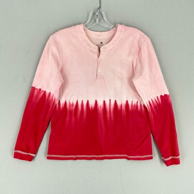 RO'S GARDEN Womens Henley Top Size Small Pink Red Dipped Dye Tie-Dye Pima Cotton