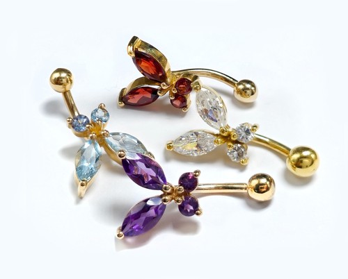 14K Gold Butterfly Belly Ring Crystal Body Piercing Belly Bar, Navel Piercing - Picture 6 of 10