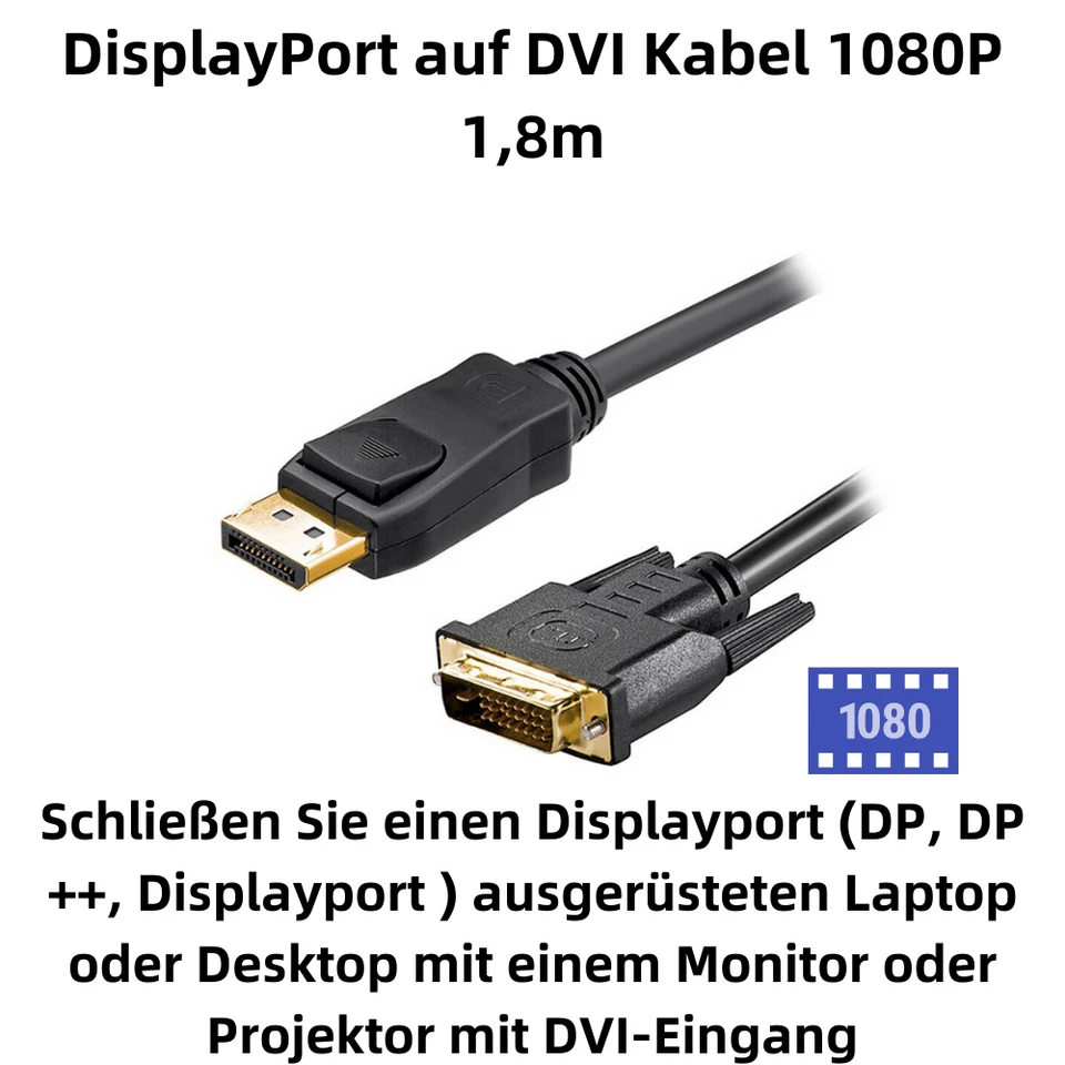 M43 DisplayPort auf DVI Kabel 1,8m 1080P DP zu DVI Konverter für Monitor - Bild 2 von 4