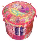 Boho Ottoman Footstool Pouf Cover 18 Inch Patchwork Embroidered Round Cotton