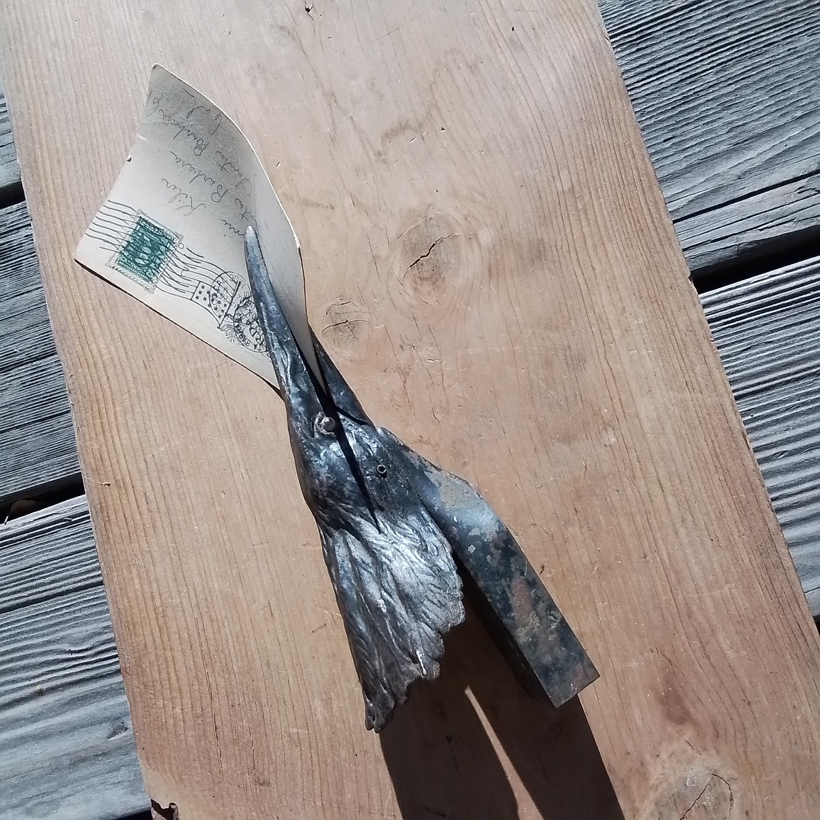 Antique Cast Iron RAVEN'S HEAD 8" Messenger ☆ Beak Holds Cards & Letters