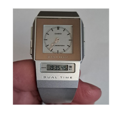 Casio Dual Time FS-01 Film Watch Rechteckig Silber Analog Digital Armbanduhr