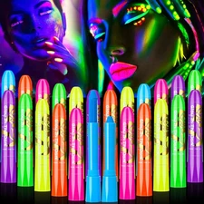 24 Pcs Glow in the Black Light Face Paint Crayons Neon Face Body UV Light Pai...