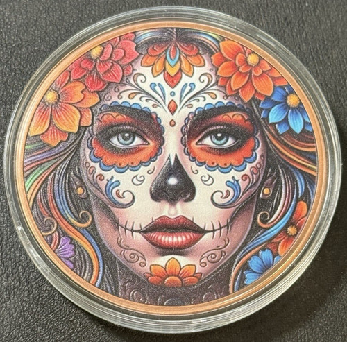 2026 5 Oz .999 Copper Liberia $1 Sugar Skull Lady Serenity Colorized Coin in Cap