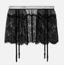 VICTORIA'S SECRET Black VERY SEXY SHINE STRAP LACE SKIRT w/ GARTERS XS/S NWT