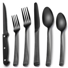 24-Piece Black Silverware Set with Steak Knives, Black Flatware Set for 4, Fo...