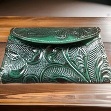 Western Boho Handmade Mexico Hand Tooled Leather Green 5.25" Wallet Trifold New