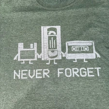 Retro “Never Forget” Meme Tee – Cassette, VHS, Floppy Graphic – Heather Green XL