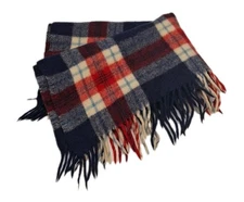 VTG WOOL Lap Blanket Throw 39x31 Red White Blue Ivory Plaid w REPAIRS