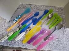 Toddler Utensil Lot Of 20 Plastic  Metal Handles Forks  Spoons Baby Vintage