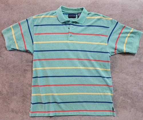 Gant, Gant Men's Vintage Made In USA 90s Polo Shirt Green & Colored Stripes Size Large