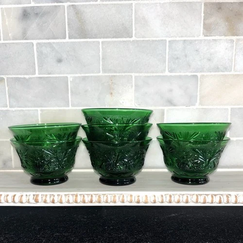 Emerald Forest Green Custard Dessert Cups Bowls Lot of 7 Vintage Anchor Hocking