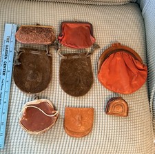 8 Vintage Small Leather Coin Purses, Bakelite Frame On One