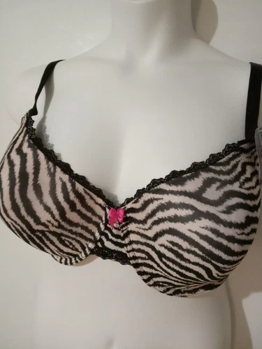 SMART & SEXY Bra Womens 44DD Leopard Print Black Lace Underwire Bow Rhinestones