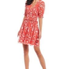 Gianni Bini Womens 4 Small Callie A-Line Dress Red Floral Smocked Stretch V Neck