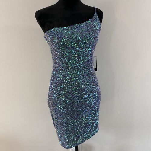 City Vibe Blue Sequin Body Con One Shoulder Dress Short Blue Formal Party New L