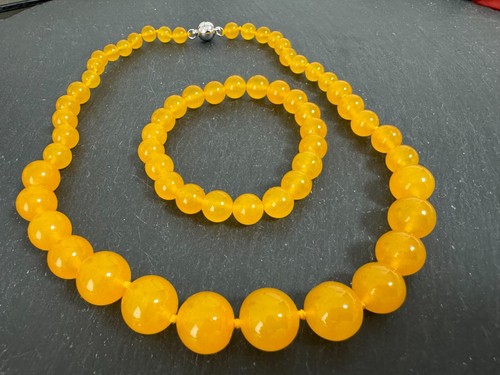 Jade Verlaufs Kette Collier 8-14mm+ Armband 10mm 49cm&Strech17-20 cm Honig - Picture 2 of 6