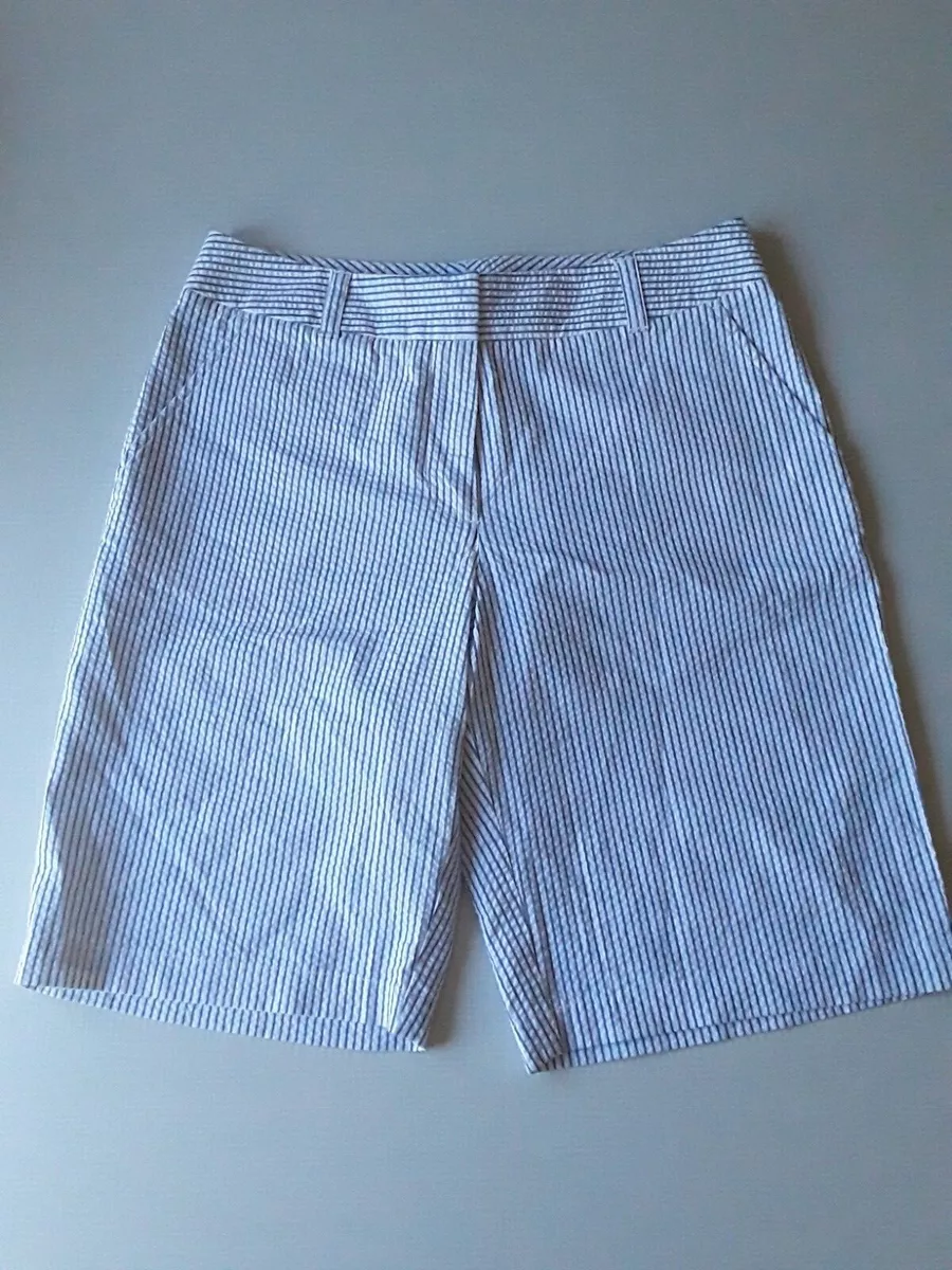 GARNET HILL Women s Blue White Seersucker BERMUDA Shorts Striped