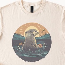 Otter Shirt Unisex Graphic Nature T Shirt Animal Art Mountains Flowers