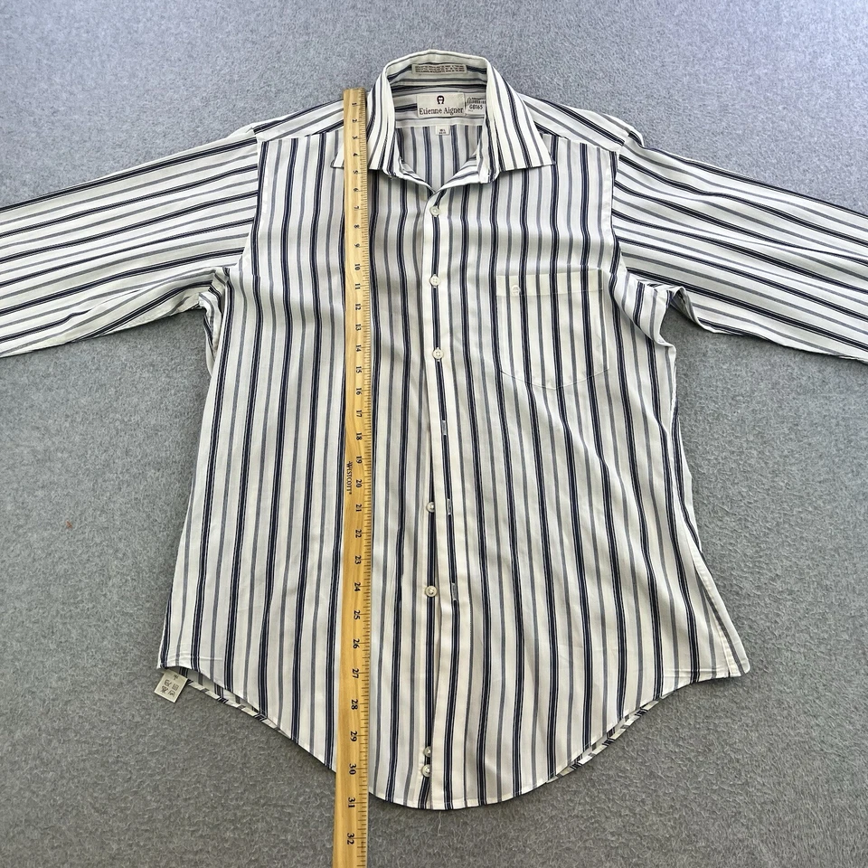Etienne Aigner Dress Shirt Mens 15.5 White Blue Stripe Long Sleeve Button Up - Image 3 of 4
