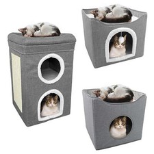 Foldable Indoor Cat Houses 2-in-1 Pet Hideaway Bed Stackable Kitten Igloos Caves