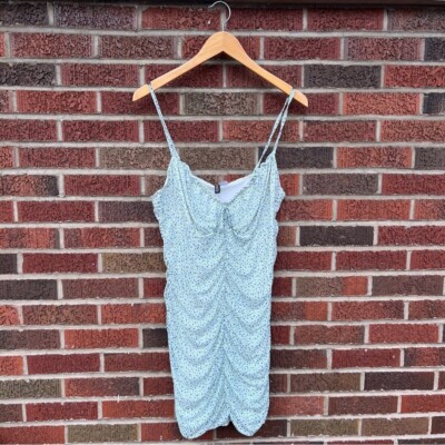 H&M White and Green Mini Floral Ruched Mesh Scrunch Bodycon Dress | eBay
