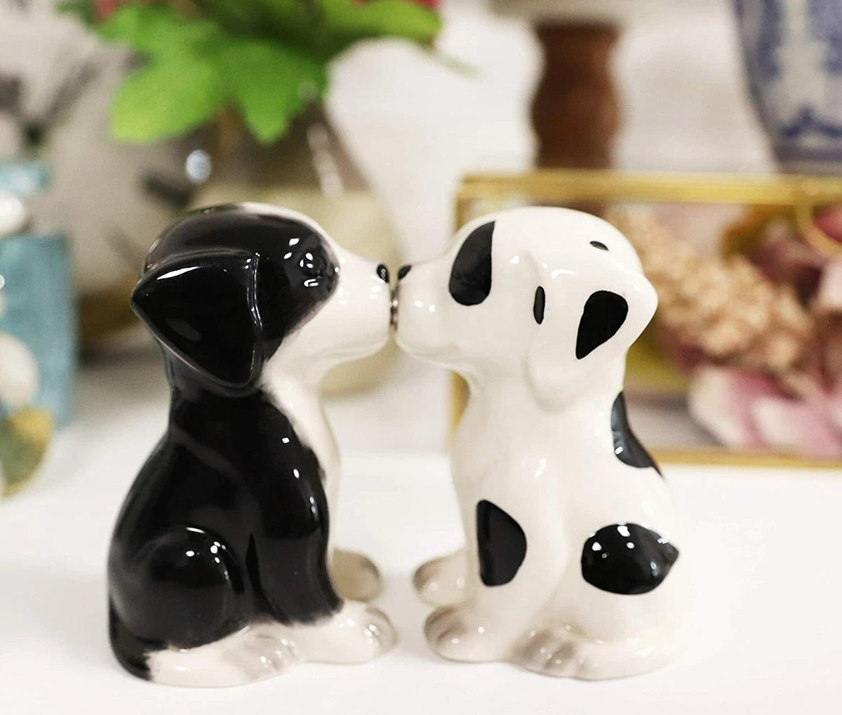 Black White Pups Dog Ceramic Magnetic Salt and Pepper Shakers Collection Set