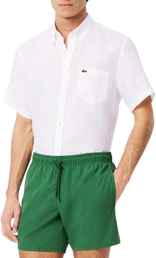 Camisa informal con botones de lino calce regular manga corta Lacoste para hombre, blanca Foto 4 de 4
