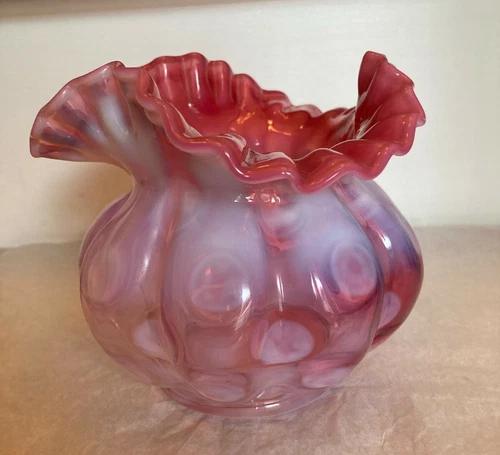 Vintage Fenton Cranberry Opalescent Coin Dot Spot Art Glass Rose Bowl Vase