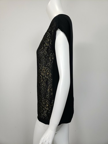 DIANE VON FURSTENBERG Cordelia Gold Metallic Lace Black Silk Sleeveless Top sz 6 - Picture 2 of 4
