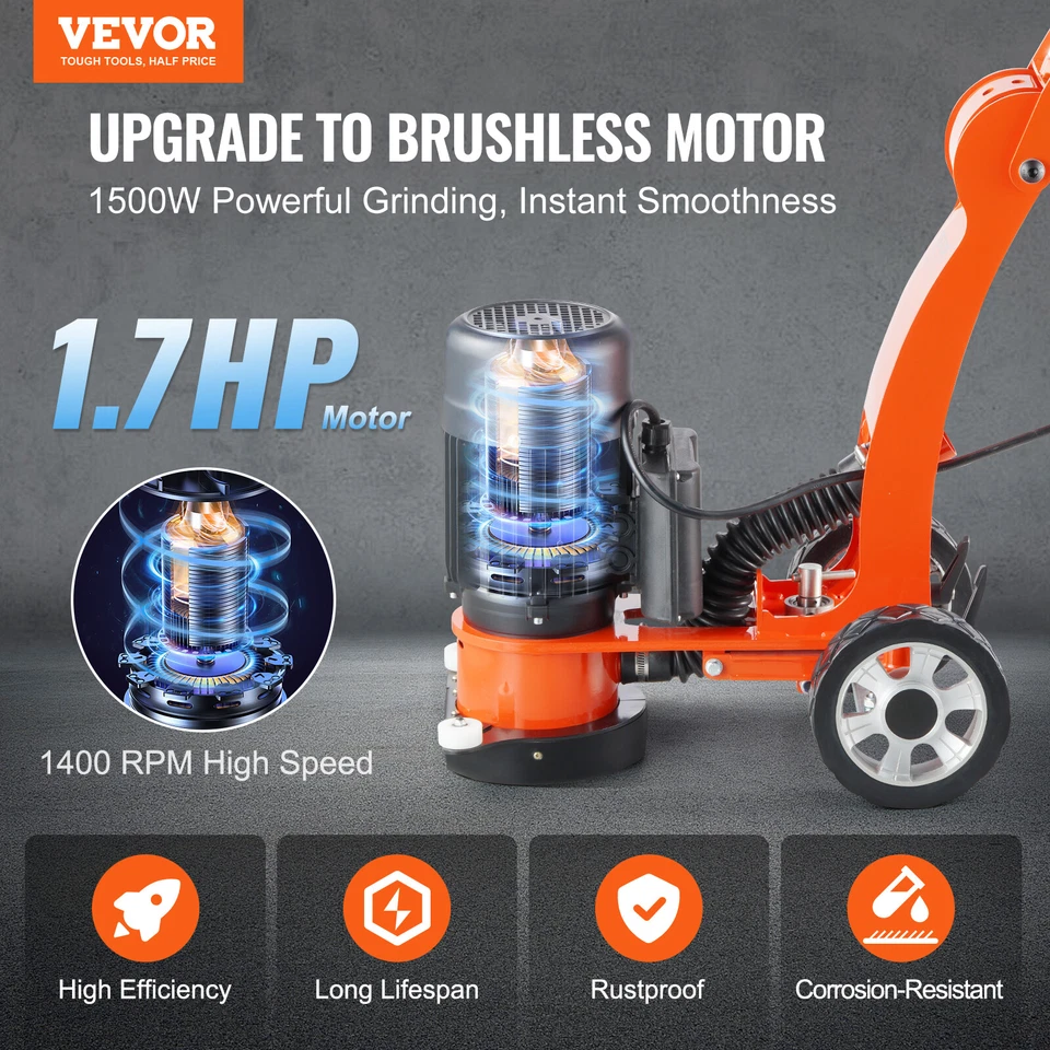 VEVOR Concrete Floor Grinder 7" Walk-Behind Polisher 2.0HP Adjustable Machine - image 2 of 4