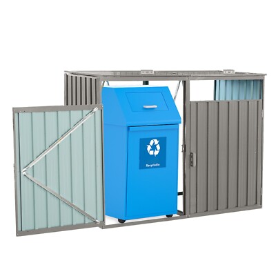 Metal Outdoor Garbage Bin Shed 2 Trash Cans Lockable for Garden Backyard Gray