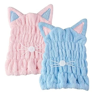 RUIYUNZHUZHU 2Pcs Dry Hair Microfibre Rapid Drying Towel Hat with Cute Cat Ears Absorbent