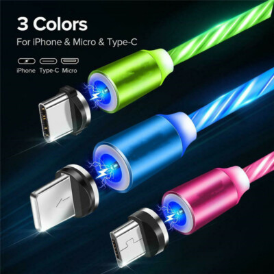 US LED Flowing Light Up Magnetic Cable For Micro USB Samsung iPhone -3.8 ft