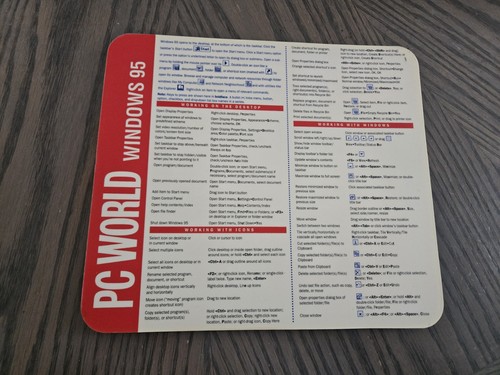 PC World Windows 95 Hard Top Mouse Pad Vintage Quick Keys Short Cuts Directions